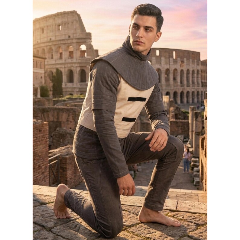 May include: A person wearing a grey and cream-coloured medieval-style outfit, kneeling on a stone surface. The outfit includes a high-collared top and trousers. The background features an ancient Roman ruin.