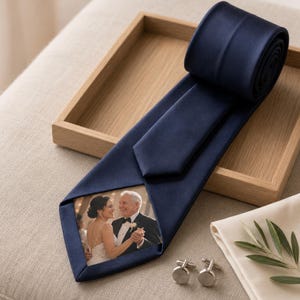 May include: A solid navy blue necktie featuring a rectangular photo print on the front blade showing a bride and an older man dancing together. The necktie is accompanied by a pair of polished silver-toned metal cufflinks.