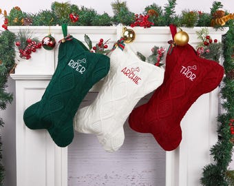 Personalized Embroidered Christmas Stocking With Name, Dog Bone Shaped Stocking, Family Knitted Stocking, Xmas Holiday Decor, Pet Gifts