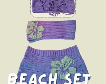 PDF Boho Crochet Beach Set Pattern, DIY Birthday Gift, Handmade Flower Shorts, Adjustable Tie Top Swimsuit Coverup, Easy Chic Fashion Summer