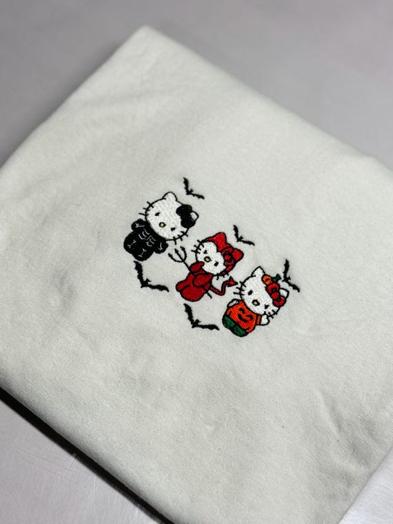 Helllo Kittyyy Halloween Embroidered Sweatshirt, Kitty Spooky Embroidery Sweatshirt,Kitty Halloween Embroidered Crewneck Sweatshirt