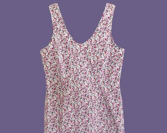 Vintage 90s Cotton Pink Lavender Ditsy Floral Sleeveless Mini Sheath Dress M