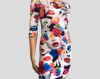 Vintage Y2K Printed Women’s Small Midi Pop Art Dress in Floral & Grunge Lips