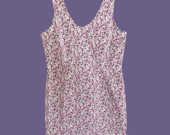 Vintage 90s Cotton Pink Lavender Ditsy Floral Sleeveless Mini Sheath Dress M