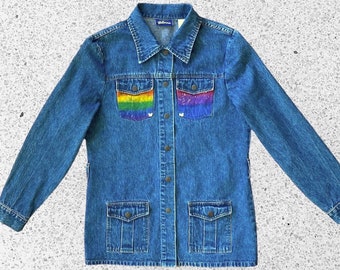 90’s Vintage Long Denim Utility Jacket  4 Flap Pockets Belted Snap Up Blue Jean 100 Denim Coat Size: / Medium