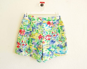 90s vintage high cut tropical Hawaii pastel watercolor print cotton mini shorts S