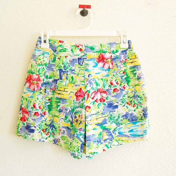 90s vintage high cut tropical Hawaii pastel watercolor print cotton mini shorts S