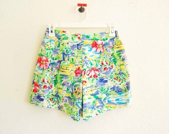 90s vintage high cut tropical Hawaii pastel watercolor print cotton mini shorts S