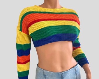 Y2K vivid primary colored multi-stripe cropped knit sweater Women’s SMALL