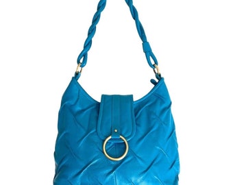 Y2K Michael Rome Italy Blue Turquoise Diamond Stitched Leather Hobo Bag M/S