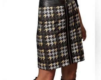 NWT J McLaughlin Women’s 6  Houndstooth Embroidery Skirt In Gold, Silver