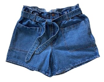 AND NOW THIS Shorts Women’s 30 Blue Denim Jean Paperbag Belted High Rise Elastic
