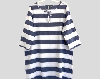 Palm Island Women’s 3X Cotton Tunic Dress Wide Blue White Striped Midi 3/4 Sleeve