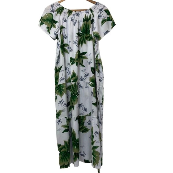 Y2K Women’s M/L Palm Leaf Print Tiered Bohemian Midi Tank Dress Short Sleeve