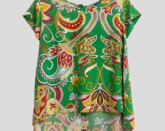 Haute Hippie Women’s 1X Green-Multi Rayon Top Ethnic Paisley Print Blouse Casual