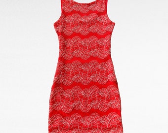 90s Saffron Red  Stretch Mesh Embroidered Lace Mini Bodycone Dress S