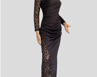 Y2K Black Asymmetrical Sequined Lace Insert Maxi Dress Women’s 7