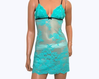Victoria's Secret Mini Babydoll Mesh  Lace Slip Dress Green Turquoise Y2K, Indie Sleaze Women’s Size Medium