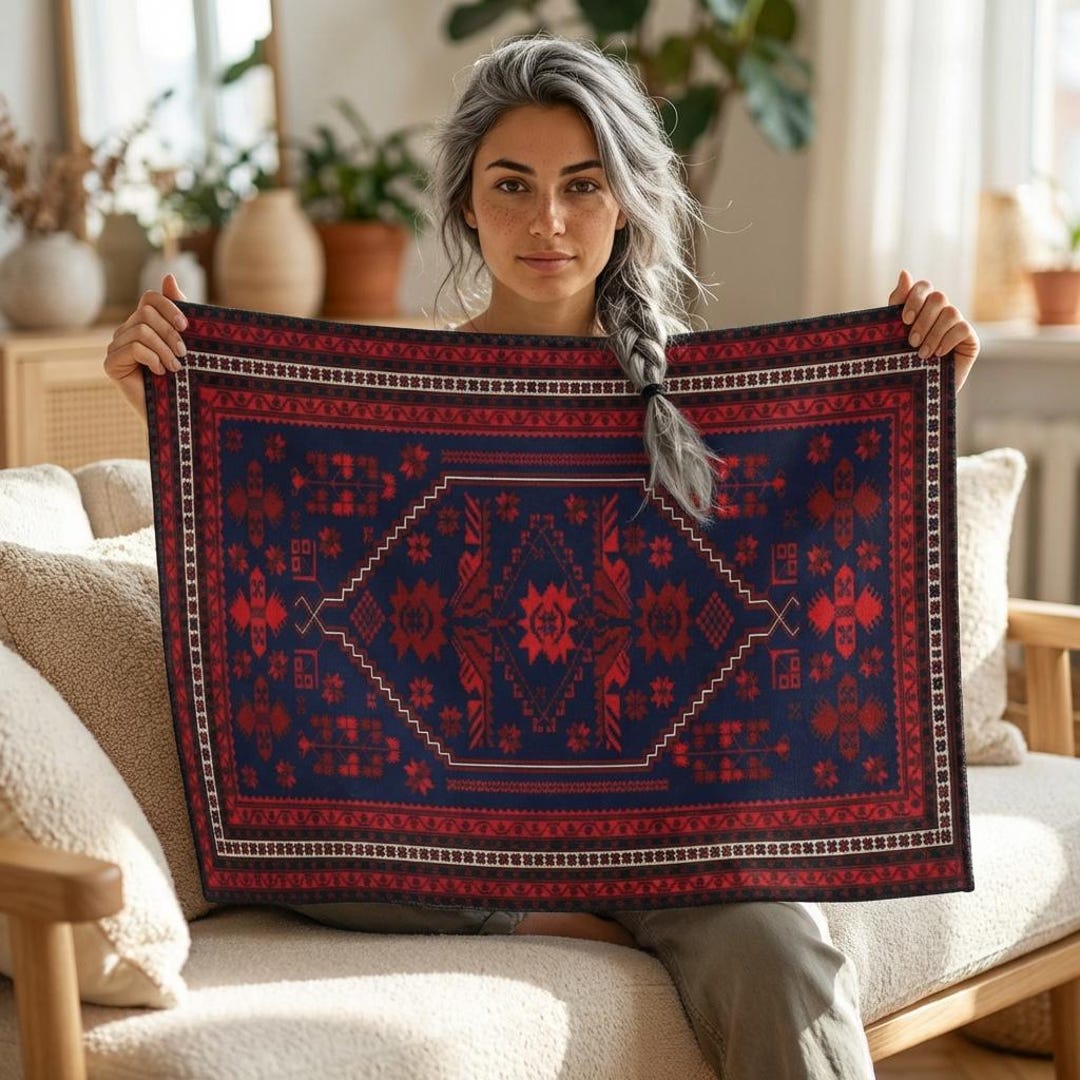 48x72 Navy Red Turkish Rug Pattern Floor Mat, Entryway Print Rug ...