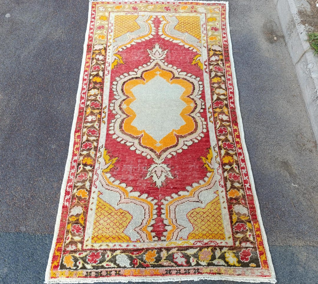 Red and Yellow Rug, Vintage Rug for Bedroom, Turkish Area Rug, 2.9x5.2 ...