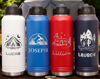 Personalized Camping Water Bottle, Outdoor Mug, Hiking Tumbler, Custom Name Cup, Insulated Camper Bottle, Christmas Gift, Camp Bachelorette