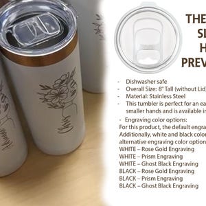 May include: White stainless steel tumblers with a floral design and the word "MOM" engraved on them. Each tumbler has a rose gold rim and a clear lid with a slider to prevent spills. The text on the image says "THE INCLUDED SLIDER LID HELPS TO PREVENT SPILLS."