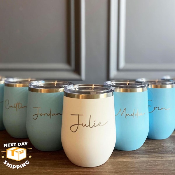 Vaso de vino de 355 ml (12 oz) grabado con láser personalizado, vaso de acero inoxidable, taza sin tallo con aislamiento al vacío, logotipo personalizado, regalo para damas de honor