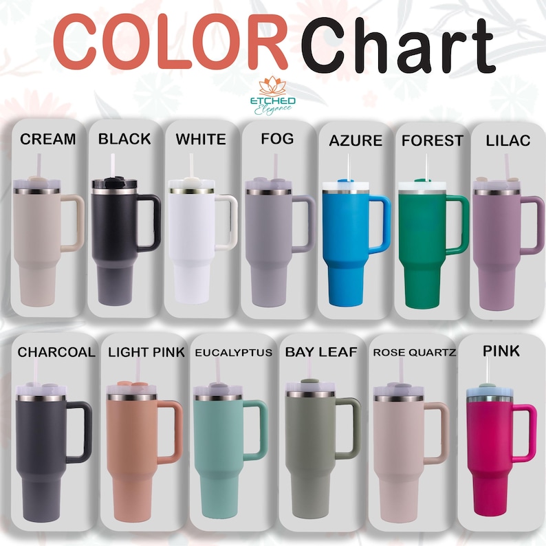 May include: Color chart showing 12 different colors of stainless steel travel mugs with handles and lids. The colors are: cream, black, white, fog, azure, forest, lilac, charcoal, light pink, eucalyptus, bay leaf, rose quartz, and pink.
