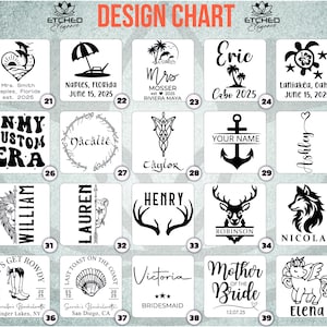 May include: A design chart with various graphic designs for personalized items. Designs include beach scenes, names, and phrases. The text "DESIGN CHART" is at the top. The designs are in black and white.