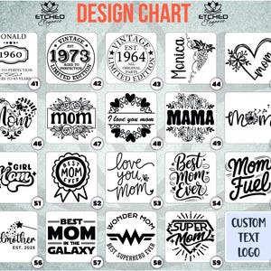May include: A design chart with 60 different designs for custom tumblers. The designs include various themes such as vintage, mom, girl, best mom ever, super mom, and custom text logo. The designs are in black and white.