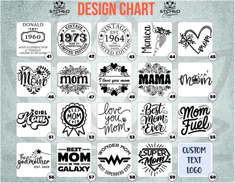 May include: A design chart with 60 different designs for custom tumblers. The designs include various themes such as vintage, mom, girl, best mom ever, super mom, and custom text logo. The designs are in black and white.