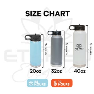 May include: Size chart for three stainless steel water bottles with black lids and handles. The bottles are 20oz, 32oz, and 40oz. The bottles are 9.25 inches, 10.25 inches, and 11.50 inches tall. The bottles are labeled with the text "Etched Elegance".