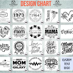 May include: A design chart with 60 different designs for custom tumblers. The designs include various themes such as vintage, mom, girl, best mom ever, super mom, and custom text logo. The designs are in black and white.