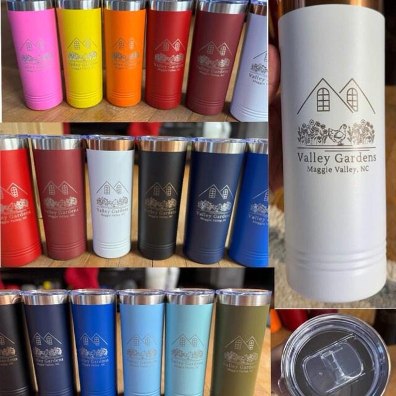 May include: A selection of insulated tumblers in a range of colours: pink, yellow, orange, red, burgundy, white, black, navy, blue, light blue, and olive green. Each has a silver rim and the "Valley Gardens" logo.