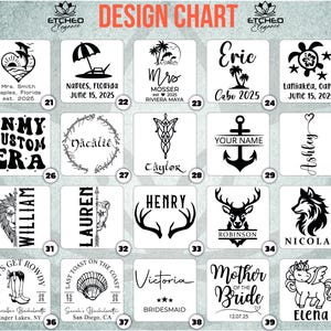 May include: A design chart with 40 different designs for personalized tumblers. The designs include names, dates, locations, and various images such as a turtle, a mermaid, a unicorn, a deer, a wolf, a seashell, and a crown.