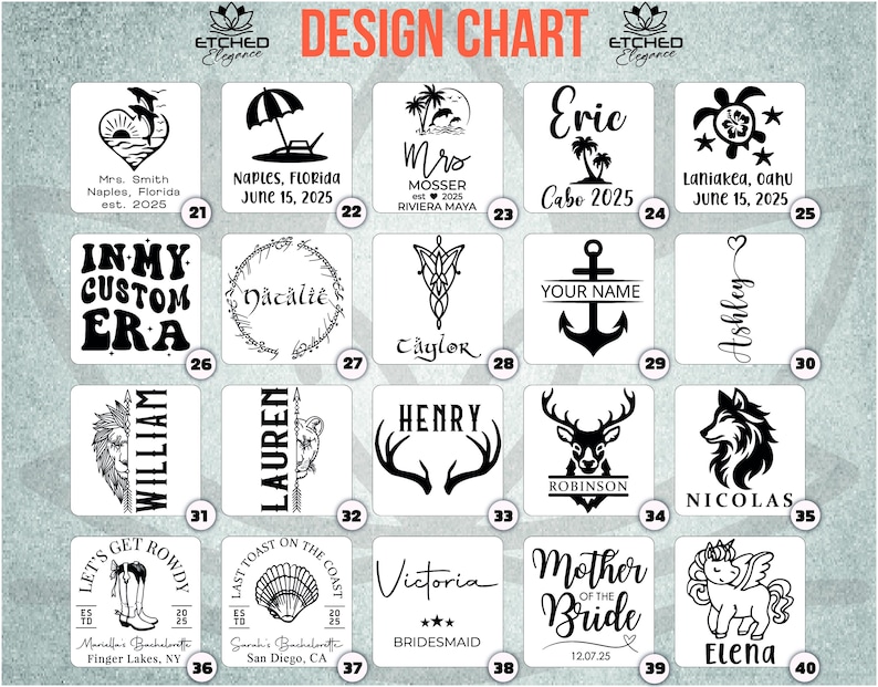 May include: A design chart with 40 different designs for personalized tumblers. The designs include names, dates, locations, and various images such as a turtle, a mermaid, a unicorn, a deer, a wolf, a seashell, and a crown.