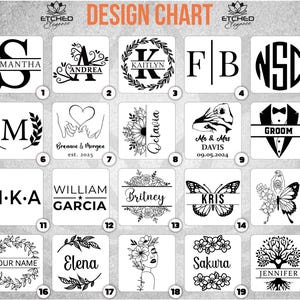 May include: A design chart showcasing various personalized engraving designs. The designs include initials, names, and graphics such as butterflies, flowers, and a groom's tuxedo. The text "ETCHED Elegance" is at the top.