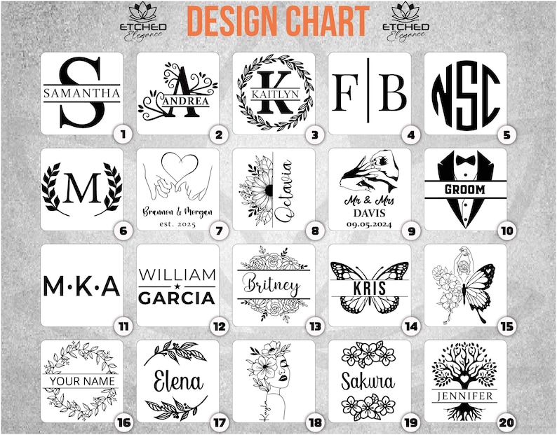 May include: A design chart showcasing various personalized engraving designs. The designs include initials, names, and graphics such as butterflies, flowers, and a groom's tuxedo. The text "ETCHED Elegance" is at the top.
