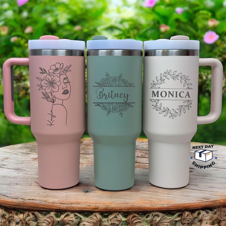 Custom Engraved Stainless Steel 40 oz Tumbler with Handle, Insulated Mug w/ Logo, Christmas Gift image 1