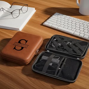 Personalized Leather Cord Case – Custom Monogram & Birth Flower Engraved Cable Organizer, Travel Tech Pouch, Office Accessory, Unique Gift