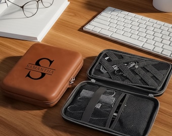 Personalized Leather Cord Case,  Custom Monogram Birth Flower Engraved Cable Organizer, Travel Tech Pouch, Office Accessory, Valentines Day