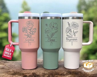 Personalized Birth Flower 40oz Tumbler with Handle, Custom Name Stainless Steel Travel Mug