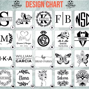 May include: Design chart with 20 different options for custom engraved items.  The options include names, initials, wedding dates, and other designs.  The chart is black and white.
