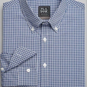 May include: A blue and white checkered button-down shirt with a button-down collar. The shirt has a folded cuff and white buttons. The label reads "JOS. A. BANK TRAVELER".