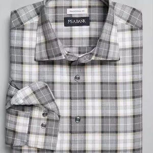 Pode incluir: Uma camisa de botões xadrez cinza e branca com um caimento tradicional. A camisa tem uma etiqueta J.S.A. Bank na frente.