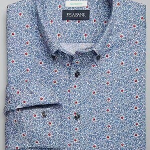 May include: A blue long-sleeved button-down shirt with a white and red floral pattern. The shirt has a tailored fit and a label that reads "J.S.A. BANK".