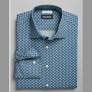 May include: A blue dress shirt with a white and blue patterned design. The shirt has a button-down collar and a button-up front. The brand name "PSA BANK" is visible on the collar.