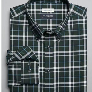 May include: A green, white, and blue plaid button-down shirt with a traditional fit. The shirt has a collar, long sleeves, and a button-up front. The label on the shirt reads "J.S.A. BANK" and "TRADITIONAL FIT".