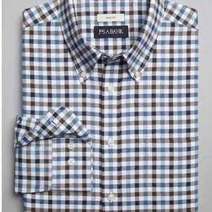May include: A blue, brown, and white plaid long-sleeve button-down shirt with a pocket on the left side. The shirt has a label that reads "Slim Fit" and "J.S.A. Bank".