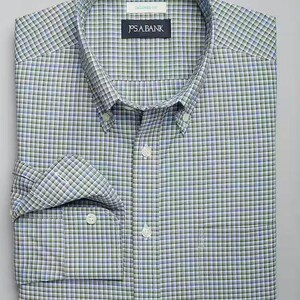 May include: A green, blue, and white plaid button-down shirt with a tailored fit. The shirt has a pocket on the left side and the J.S.A. Bank logo on the collar.